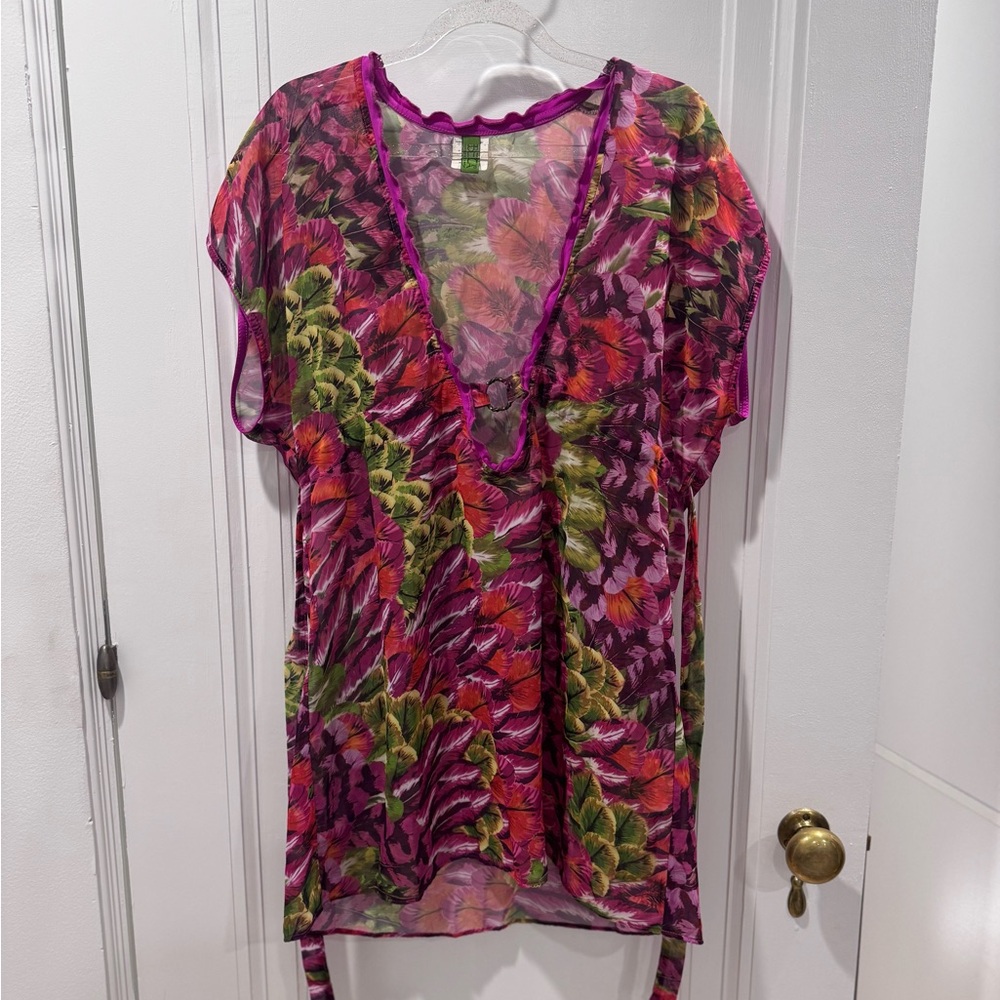 BECCA Pink and Green Floral Swim Coverup